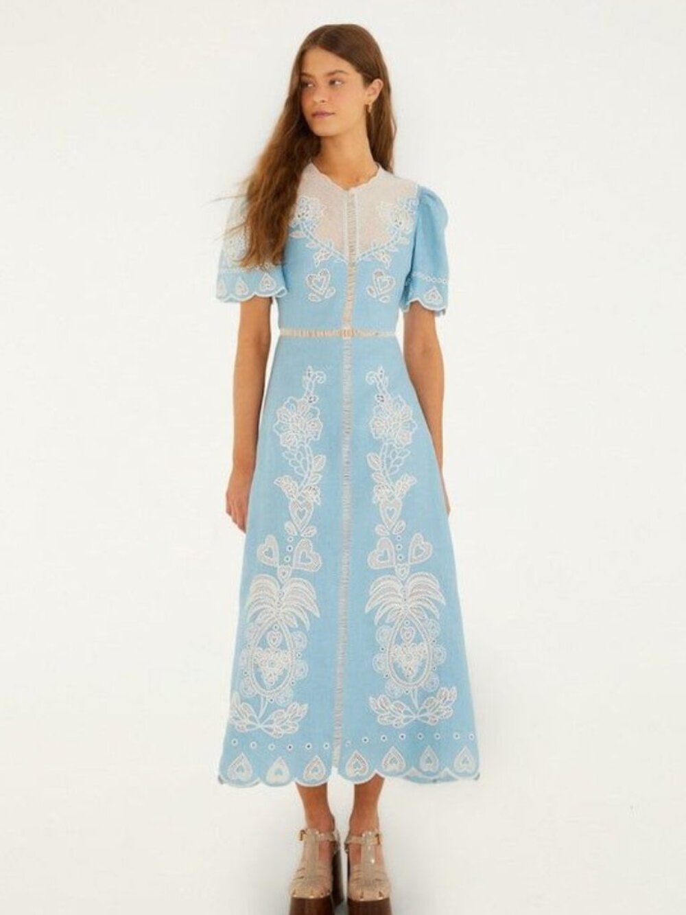 Farm Rio Embroidered Short Sleeve Midi Dress Light Blue Size Medium NWT